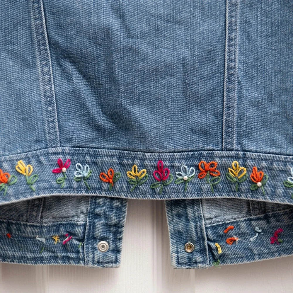 Blue Denim Vest VTG 90s Lace Trim Embroidery Boho CottageCore Western Artsy Y2K - Picture 7 of 8